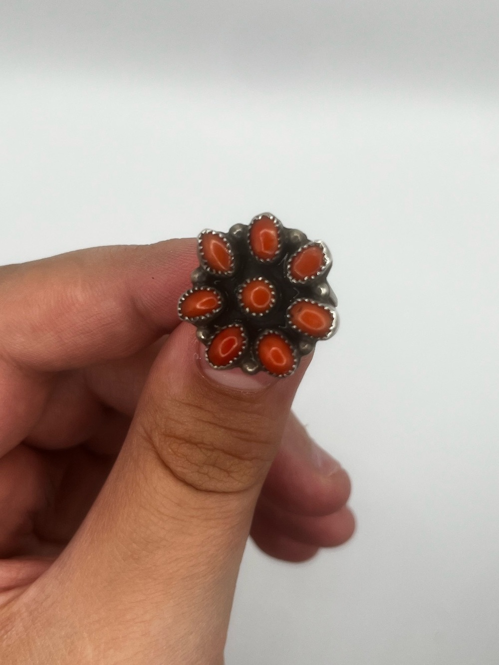 Native American Sterling Silver Flower Shaped Red Coral Cluster Ring Size 5 3/4